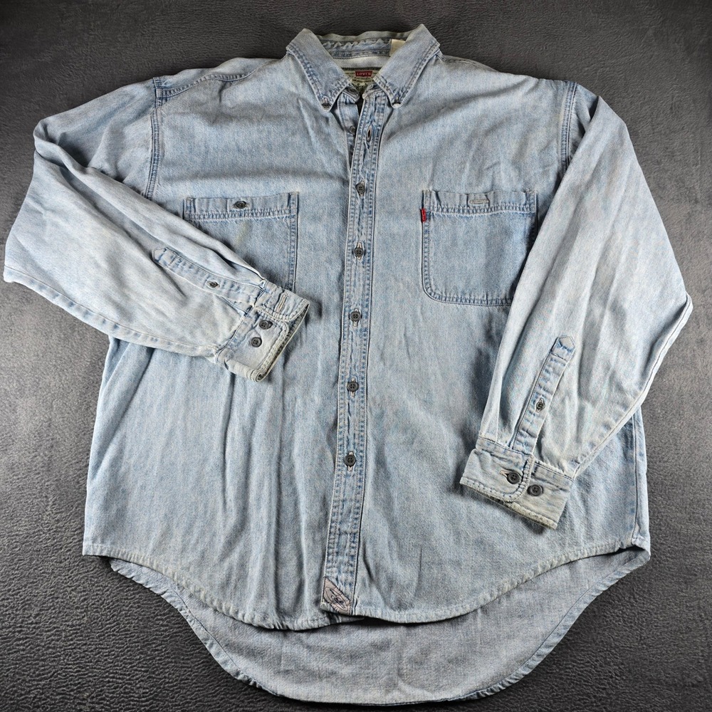 Levis Vintage Denim Button Down Shirt Light Wash Blue XL Long Sleeve Cotton